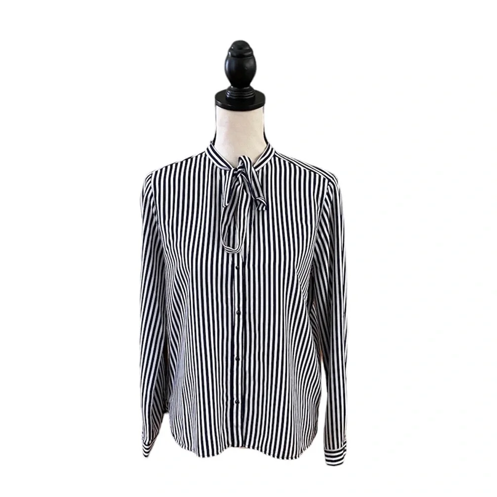 NWOT Tied Collar Long Sleeve Striped Blouse - Picture 1 of 2